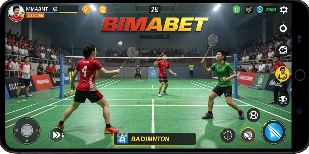 Tampilan antarmuka BIMABET menunjukkan karakter dan arena permainan badminton.