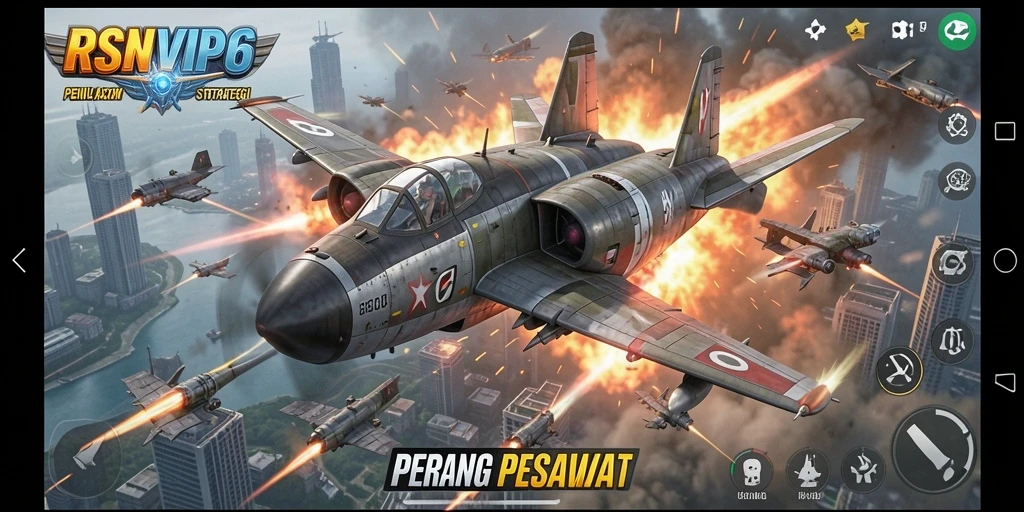 Screenshot antarmuka game RSNVIP6 yang menampilkan pertempuran pesawat.